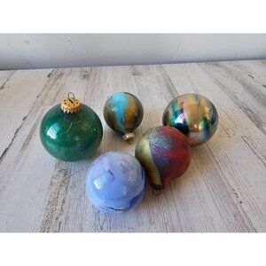 Iridescent ball marble glass ornament set Xmas tree blue‎ green